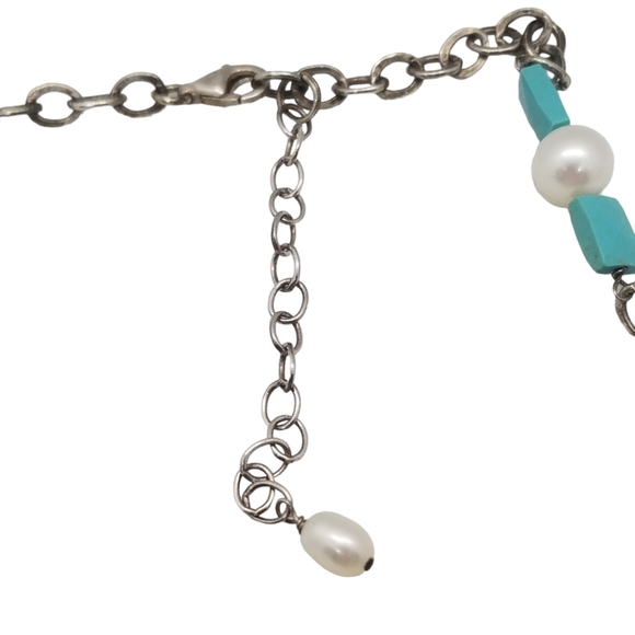 VINTAGE STERLING SILVER CHAIN WITH GENUINE PEARLS & TURQUOISE NECKLACE - Picture 6 of 6